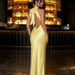Yellow Satin Halter Neck Formal Wedding Guest Maxi Dress