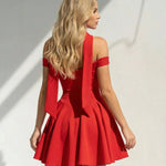 Red Party Choker Neck Fitted Flare Mini Dress