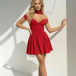 Red Party Choker Neck Fitted Flare Mini Dress