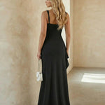 Black Square Neck Ruched High Slit Ruffle Maxi Dress