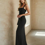 Black Square Neck Ruched High Slit Ruffle Maxi Dress