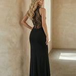 Black Lace Detail Cowl Neck Slim Fit Maxi Dress