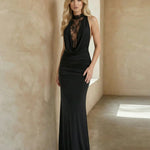 Black Lace Detail Cowl Neck Slim Fit Maxi Dress