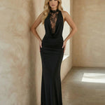 Black Lace Detail Cowl Neck Slim Fit Maxi Dress
