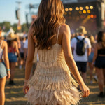 Champagne Fringe Feather Trim Spaghetti Strap Bohemian Festival Wear Mini Dress