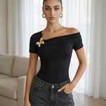 Black Butterfly Brooch Off Shoulder Regular Top
