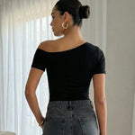 Black Butterfly Brooch Off Shoulder Regular Top