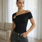 Black Butterfly Brooch Off Shoulder Regular Top
