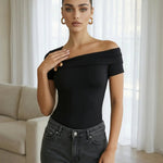 Black Butterfly Brooch Off Shoulder Regular Top