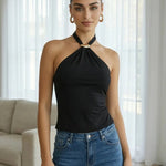 Black Halter Neck Tie Back Gold Ring Crop Top