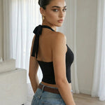 Black Halter Neck Tie Back Gold Ring Crop Top