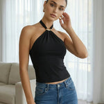 Black Halter Neck Tie Back Gold Ring Crop Top