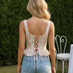 Mint Green Floral Print Spaghetti Strap Ruffled Hem Corset Top