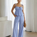 Blue Tie Front Striped Top Wide Leg Pants Relaxed Set