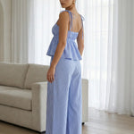 Blue Tie Front Striped Top Wide Leg Pants Relaxed Set