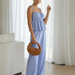 Blue Tie Front Striped Top Wide Leg Pants Relaxed Set