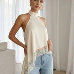 Elegant Halter Neck Asymmetric Delicate Lace Trim Blouse