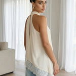 Elegant Halter Neck Asymmetric Delicate Lace Trim Blouse