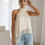 Elegant Halter Neck Asymmetric Delicate Lace Trim Blouse