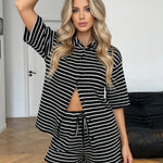 Black White Striped Button Up Shirt and Shorts Set