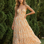 Orange Floral Print Halter Neck Ruched Tiered Midi Summer Dress