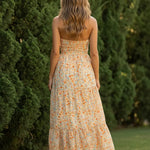 Orange Floral Print Halter Neck Ruched Tiered Midi Summer Dress