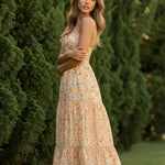 Orange Floral Print Halter Neck Ruched Tiered Midi Summer Dress