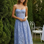 Light Blue Strapless Sweetheart Neck Floral Lace Midi Dress