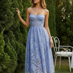 Light Blue Strapless Sweetheart Neck Floral Lace Midi Dress