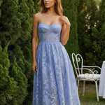 Light Blue Strapless Sweetheart Neck Floral Lace Midi Dress