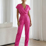 Pink V-Neck Cap Sleeve Satin Fit Full Length Jumpsuit
