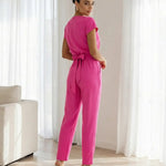 Pink V-Neck Cap Sleeve Satin Fit Full Length Jumpsuit