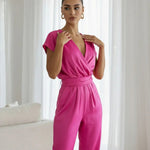 Pink V-Neck Cap Sleeve Satin Fit Full Length Jumpsuit