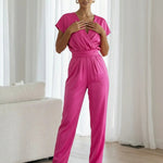 Pink V-Neck Cap Sleeve Satin Fit Full Length Jumpsuit