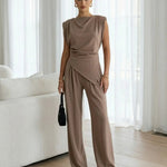 Brown Crew Neck Asymmetrical Waist Top Wide Leg Pants Set