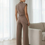 Brown Crew Neck Asymmetrical Waist Top Wide Leg Pants Set