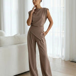 Brown Crew Neck Asymmetrical Waist Top Wide Leg Pants Set