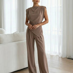 Brown Crew Neck Asymmetrical Waist Top Wide Leg Pants Set