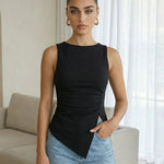 Sexy Black Round Neck Ruched Side Split Top