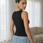 Sexy Black Round Neck Ruched Side Split Top