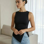 Sexy Black Round Neck Ruched Side Split Top