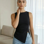 Sexy Black Round Neck Ruched Side Split Top