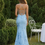 Light Blue Floral Embroidered Corset Maxi Evening Dress