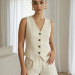 Elegant Beige Linen Blend V-Neck Button Top Short Set