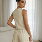 Elegant Beige Linen Blend V-Neck Button Top Short Set
