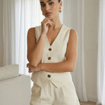 Elegant Beige Linen Blend V-Neck Button Top Short Set