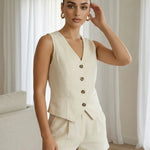 Elegant Beige Linen Blend V-Neck Button Top Short Set