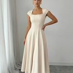 Elegant White Square Neck Cap Sleeve Crepe Midi Dress