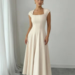 Elegant White Square Neck Cap Sleeve Crepe Midi Dress