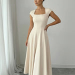 Elegant White Square Neck Cap Sleeve Crepe Midi Dress
